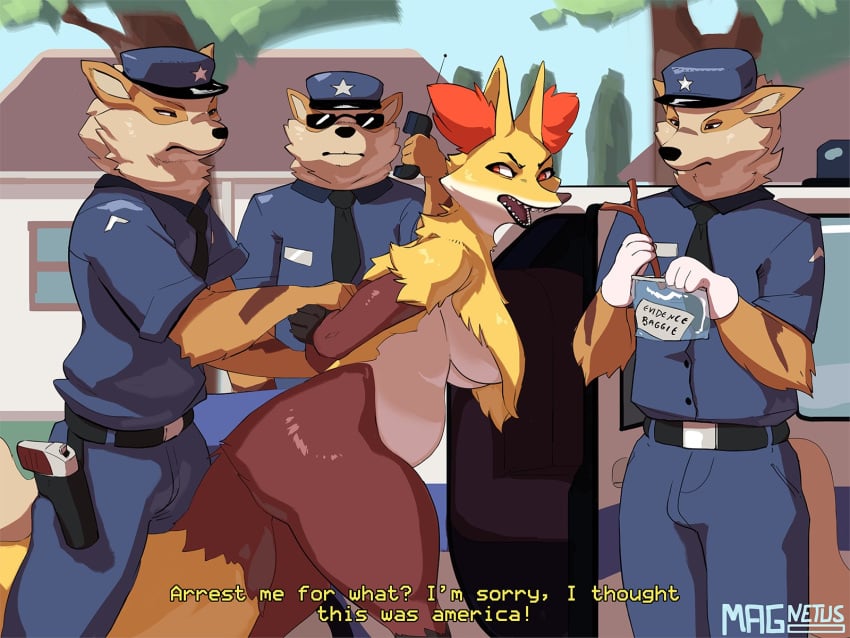 1girls 2024_pokemon_teraleak 3boys anthro ass big_ass big_breasts big_thighs breasts butt delphox dialogue evidence female fox fox_ears fox_girl fox_tail fur furry generation_6_pokemon handcuffed handcuffs huge_ass huge_breasts huge_thighs magnetus male nintendo pokemon pokemon_(species) police police_hat police_officer police_uniform sharp_teeth south_park_reference tagme text thick_hips thick_thighs thighs yellow_fur