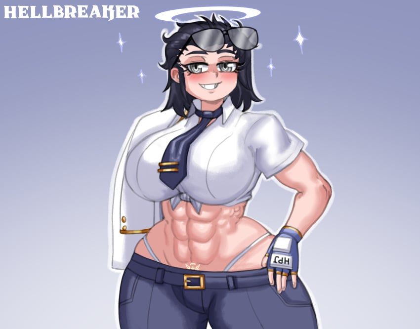 abs absurd_res angel_girl black_hair button_up_shirt child_bearing_hips coat_over_shoulder commission curvaceous curvaceous_female digital_media digital_media_(artwork) doocen g-string grey_eyes helltaker hips hips_wider_than_shoulders holy hourglass_figure justice_(helltaker) large_breasts low_cut_pants muscle_girl pale_skinned_female purification short_hair six_pack slicked_back_hair smile solo solo_female sunglasses thighs tie toned toned_female voluptuous voluptuous_female wide_thighs