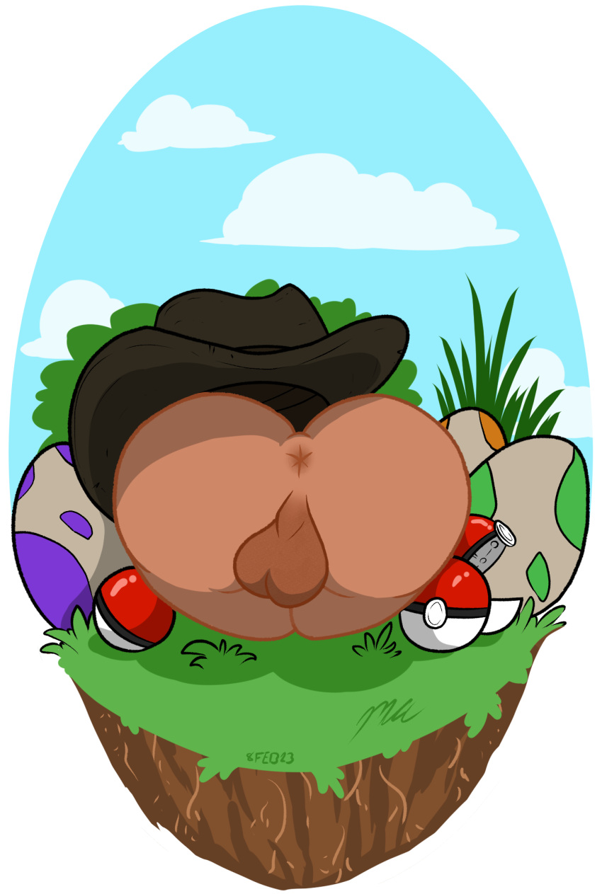 ass balls beach big_ass clothing cowboy_hat dark-skinned_male dark_penis dickgirl egg futa_sans_pussy genitals gynomorph gynomorph/female hat headgear headwear hi_res intersex intersex/female magnificent-arsehole male_only nintendo perineum pokeball pokemon