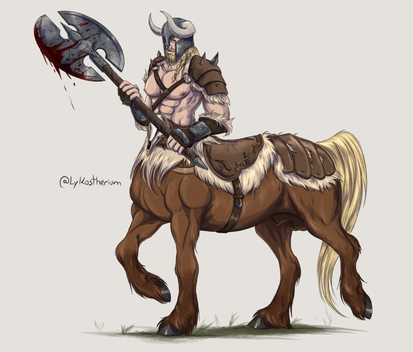 animal_genitalia_on_humanoid axe balls battle_axe beard centaur facial_hair fully_sheathed helmet horsecock_on_humanoid lykostherium male male_only penis sheath solo solo_male taur