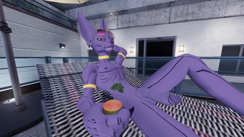 alcohol anthro beerus dragon_ball dragon_ball_super dragon_ball_z feline garry's_mod garry's_mod god_of_destruction gold_jewelry hairless_cat looking_at_viewer nude nude_male penis purple_skin solo solo_male sunglasses tagme yellow_eyes