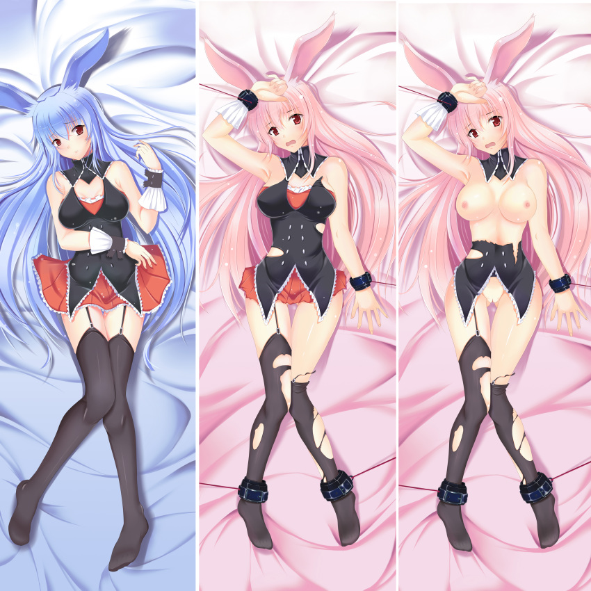 animal_ear arm_up black_legwear blue_hair bound_ankles bound_wrists breasts bunny_ear comparison d: dakimakura dakimakura_design detached_collar female garter_straps high_resolution knees_together_feet_apart kurousagi_(mondaiji) legs mondaiji_tachi_ga_isekai_kara_kuru_sou_desu_yo? multiple_persona nipples no_bra no_panties open_mouth pink_hair problem_children_are_coming_from_another_world pussy red_eyes sakura_kaoru skirt thigh_gap thighhighs torn_clothes torn_skirt torn_thighhighs uncensored