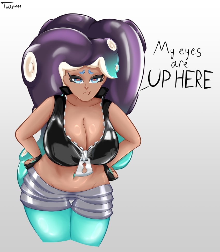 annoyed breasts_bigger_than_head cleavage female female_only fully_clothed hands_on_hips huge_breasts latex latex_clothing looking_at_viewer marina_(splatoon) revealing_clothes rubber rubber_clothing shiny_clothes simple_background splatoon splatoon_(series) talking_to_viewer tight_clothing tvar111