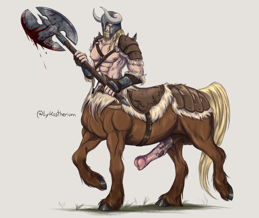 axe balls battle_axe beard big_penis boner centaur erection facial_hair helmet horsecock lykostherium male male_only penis solo solo_male taur