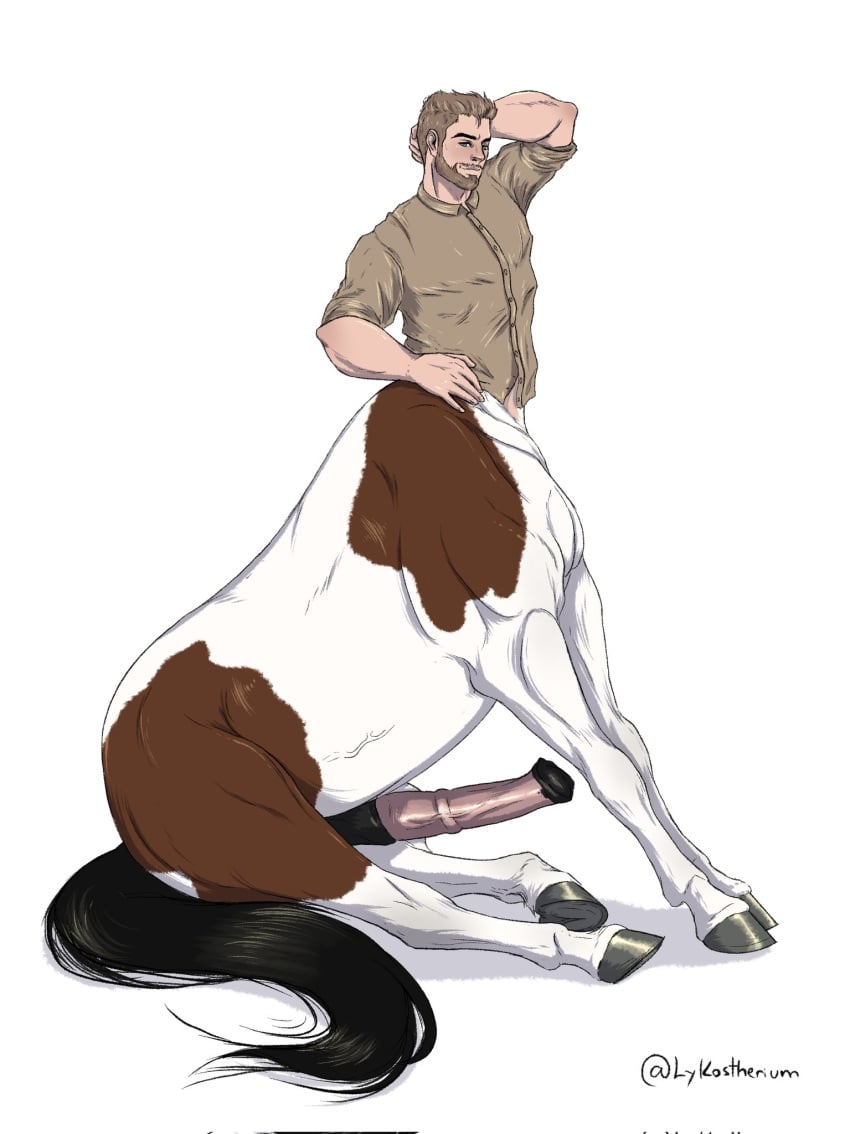 animal_genitalia_on_humanoid balls beard big_penis boner centaur erection facial_hair hand_behind_head horsecock horsecock_on_humanoid lykostherium male male_only penis sitting solo solo_male taur