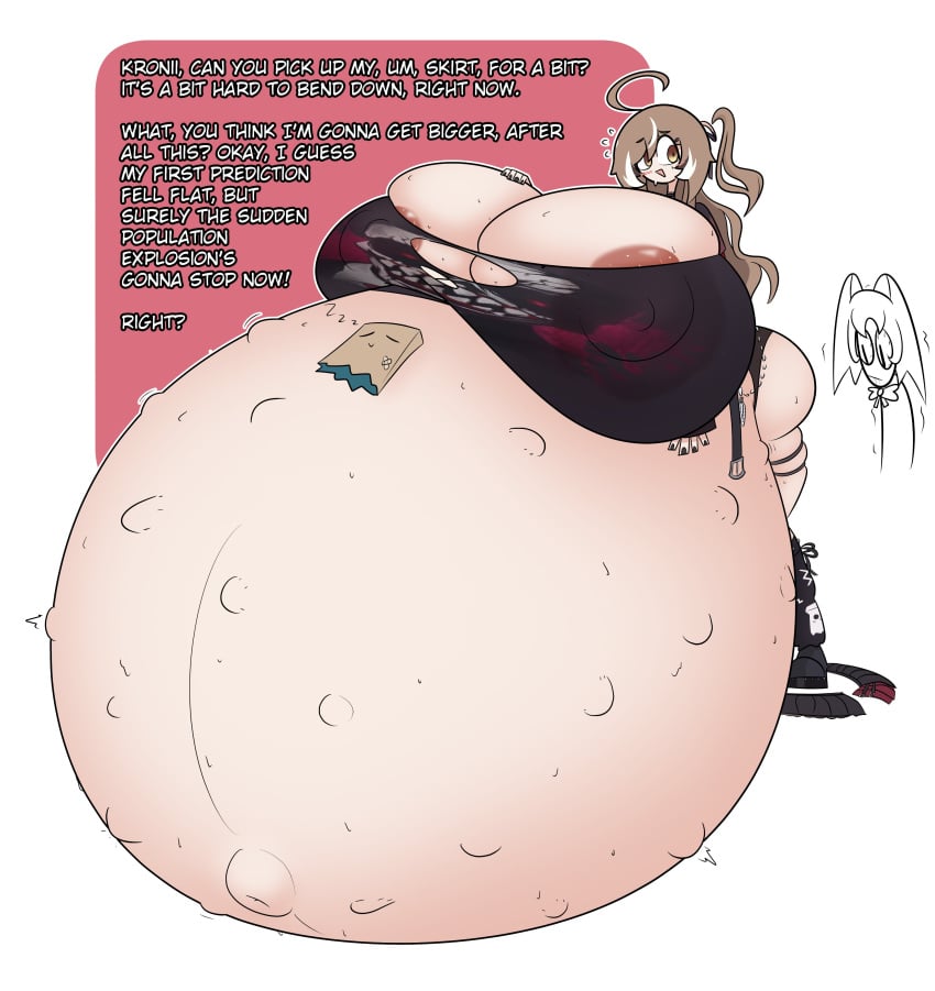 alternate_costume areola_slip belly_blob bursting_breasts child_bearing_hips clueless dialogue english_text essayafterdark fetal_movement gigantic_belly gigantic_breasts hololive hololive_english hyper_belly hyper_breasts hyper_pregnancy jirai_kei nanashi_mumei ouro_kronii pregnant ripped_clothing sequence streetwear sweat talking_to_another text unborn_kicking virtual_youtuber wide_hips