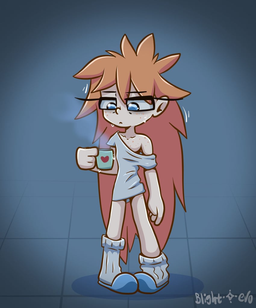 1girls blightstar blue_eyes coffee coffee_mug cup depressed emily_(blightstar) female female_only freckles ginger glasses holding_cup long_hair moody no_pants oversized_shirt pale_skin red_hair sad sfw slippers socks solo standing strap_slip sweating tagme