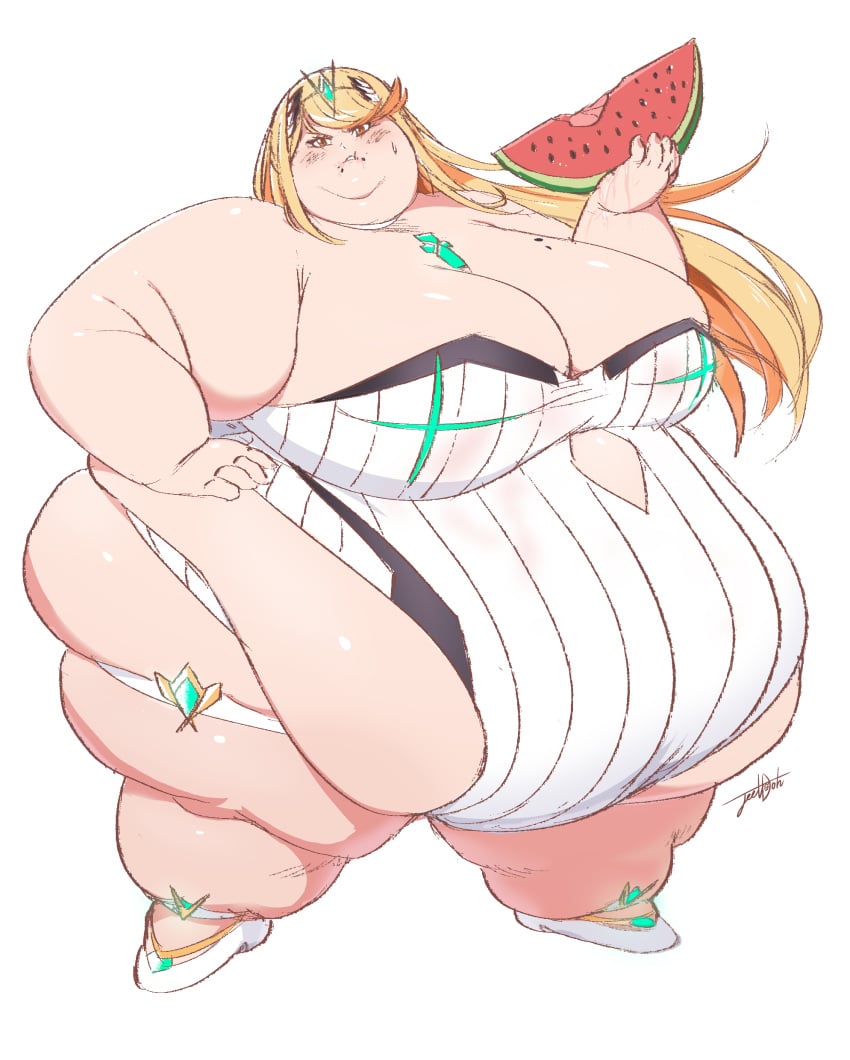 1girls bbw blonde_hair jeetdoh mythra nintendo obese plus_size ssbbw tagme watermelon xenoblade_(series) xenoblade_chronicles_2