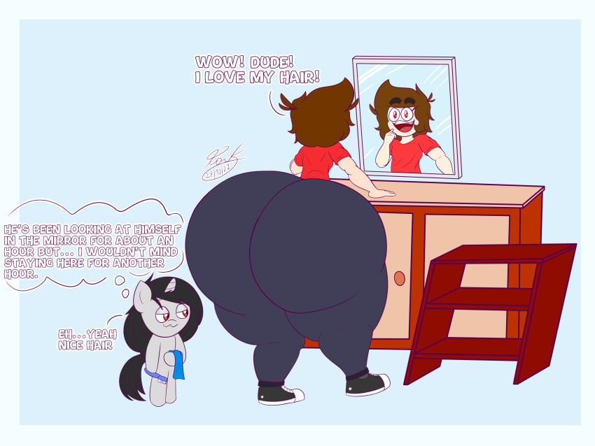 1boy :3 anthro ass bathroom black_hair brown_eyes brown_hair english_text femboy grey_body hips hyper hyper_ass large_ass male male_focus male_only mirror mirror_reflection pankequekun pony text thick_thighs thighs thought_bubble thunder_thighs toothbrush unicorn unicorn_pony wide_hips