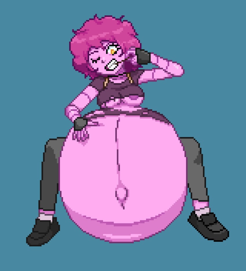 1girls animated exposed_nipples female_pred osmiumorchid pink_skin pixel_animation pixel_art torn_shirt vore vore_belly