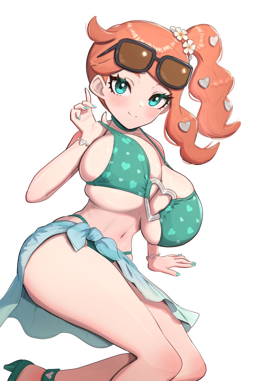 1girls aqua_eyes bikini breasts female gonzarez hi_res huge_breasts light-skinned_female light_skin long_hair nintendo orange_hair pokemon pokemon_ss side_ponytail sonia_(pokemon) sunglasses sunglasses_on_head