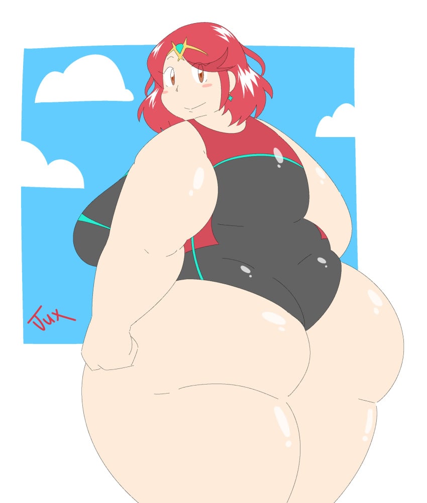 alternate_costume ass bbw fat_ass from_behind juxtaposedpunk official_alternate_costume one-piece_swimsuit plump pyra pyra_(pro_swimmer)_(xenoblade) pyra_(xenoblade) shiny_skin smile thick xenoblade_(series) xenoblade_chronicles_2 yoga_pants