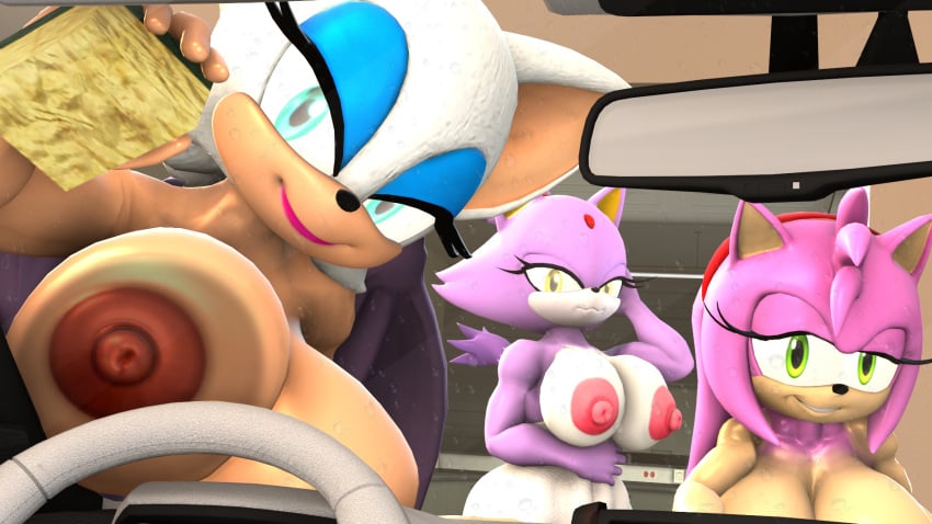 3d amy_rose anthro anthro_only big_breasts blaze_the_cat bluewyvern boobs_on_glass breasts breasts_out car_wash furry furry_only rouge_the_bat seductive_look sonic_(series)