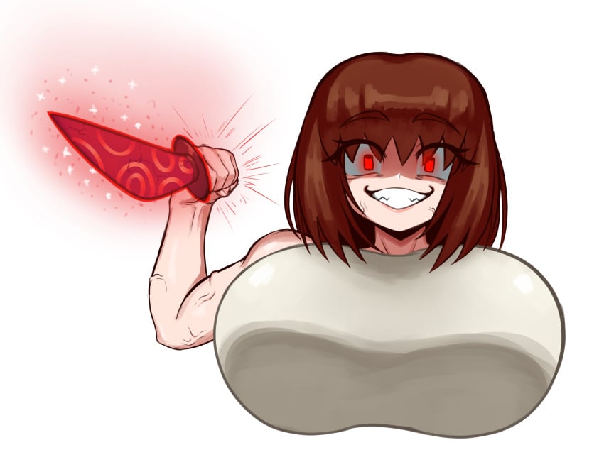 big_breasts brown_hair chara knife pink_cheeks red_eyes sadistic_smile souzhoru tagme undertale undertale_(series)