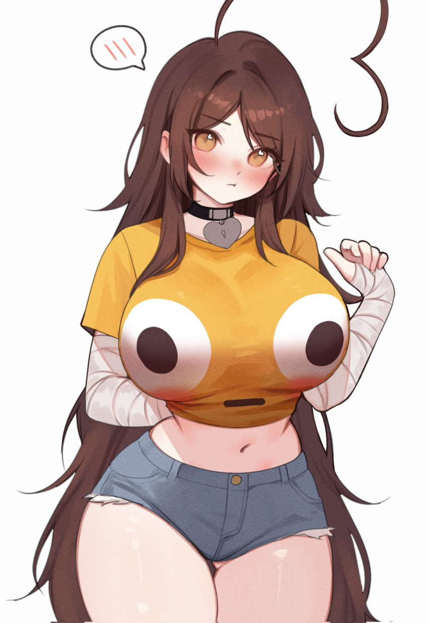 /// ahoge ass_visible_through_thighs belly_button blush brown_hair choker cowboy_shot cute emoji female_only heart_choker indie_virtual_youtuber large_breasts long_hair long_sleeves looking_at_viewer open_eyes owo shiny_skin sky_(skyaboveme) skyaboveme stomach t-shirt thick_thighs thighs thighs_together virtual_youtuber white_background yellow_eyes yellow_t-shirt