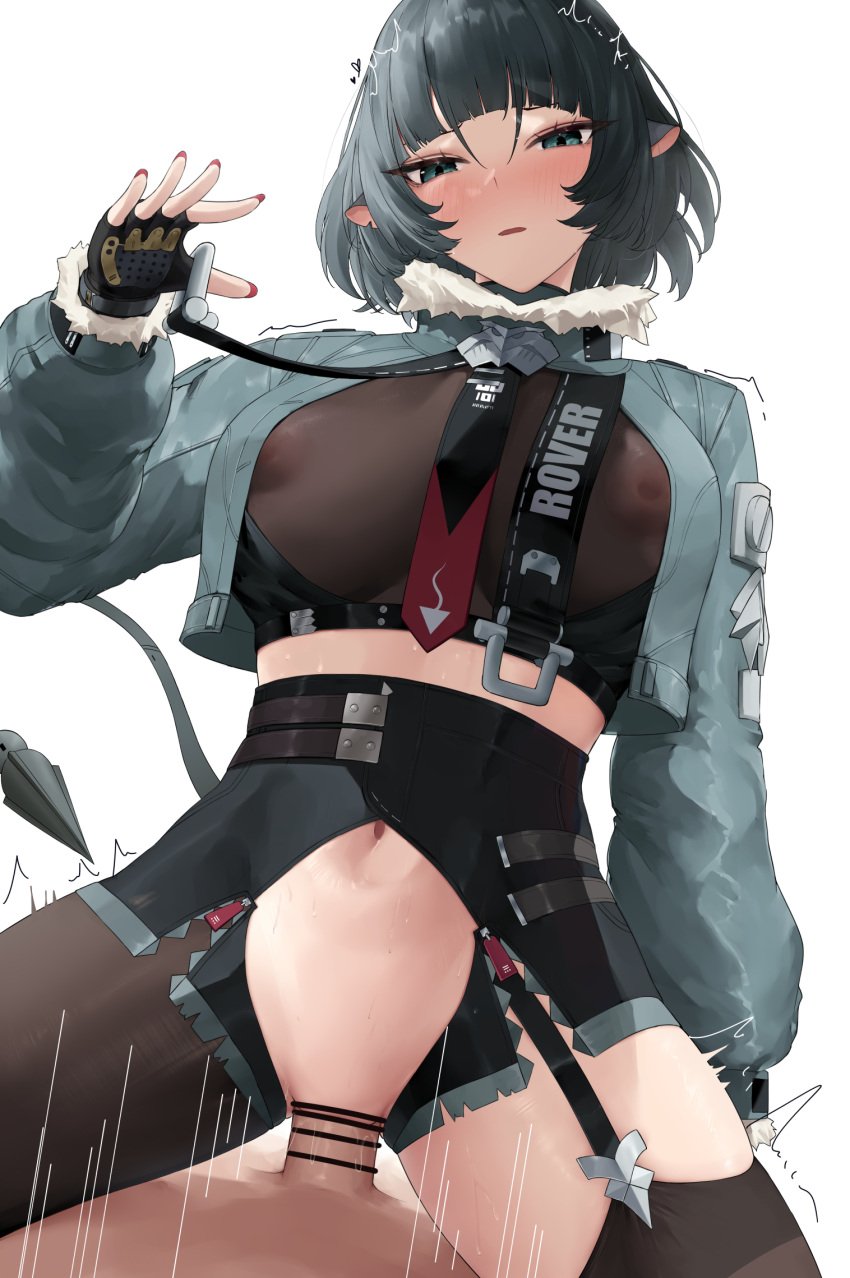 1boy animal_ears belt black_gloves black_hair black_shirt black_shorts blush breasts brown_pantyhose censored clothed_female_nude_male clothed_sex covered_nipples cowgirl_position cowgirl_position female fingerless_gloves fur-trimmed_jacket fur_trim gloves grey_eyes grey_jacket high-waist_shorts highres jacket jane_doe_(zenless_zone_zero) large_breasts long_hair long_sleeves looking_at_viewer motion_lines mouse_ears mouse_girl mouse_tail n9at navel necktie nude open_mouth pantyhose penis pussy sex shirt shorts single_leg_pantyhose solo_focus straddling straight tail thighs vaginal_penetration zenless_zone_zero