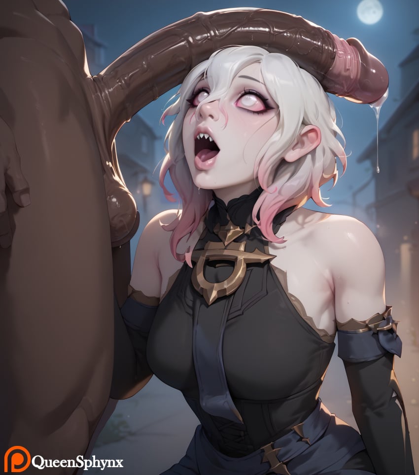 1boy 1girls ai_generated bare_shoulders breasts briar_(league_of_legends) cock_shock dark-skinned_male dark_skin female grey_skin huge_cock interracial large_penis league_of_legends light-skinned_female light_skin male moon multicolored_hair narrow_waist night open_mouth pale_skin penis_awe penis_on_face penis_on_head pink_hair pink_sclera precum queensphynx riot_games sharp_teeth testicles upper_body white_eyes white_hair