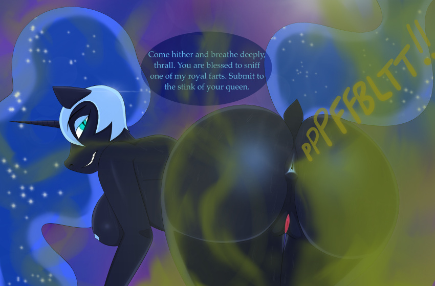 alicorn anthro anus ass blue_body blue_fur breasts dark_persona english_text equid equine fart fart_cloud fart_fetish female friendship_is_magic fur furry hasbro horn my_little_pony nightmare_moon_(mlp) princess_luna_(mlp) pussy sharkcheeks solo text wings