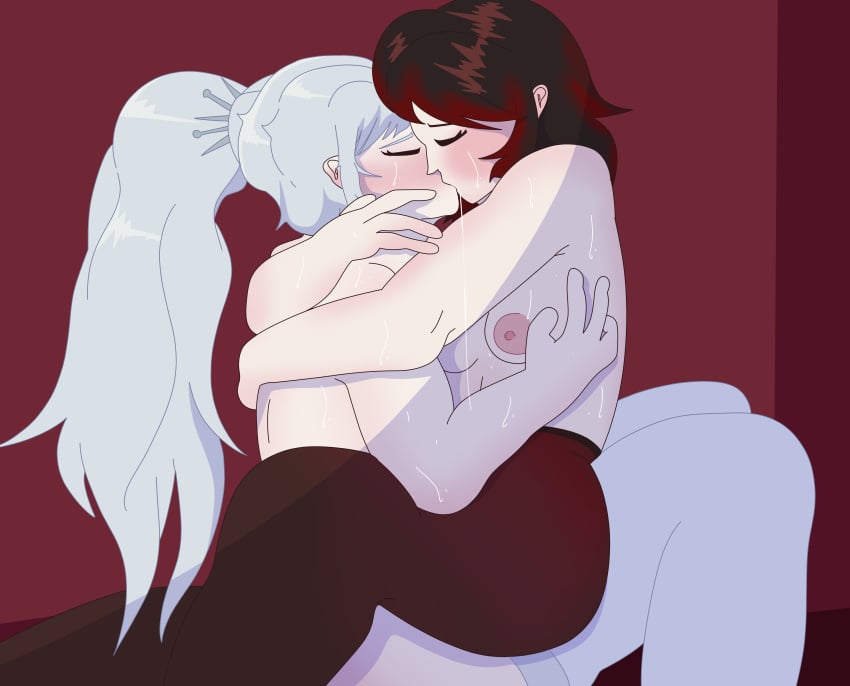 2024 2girls areolae black_hair blush breasts closed_eyes drawinecchi female female_only human kissing making_out multiple_girls nipples pantyhose red_background red_highlights ruby_rose rwby saliva saliva_trail self_upload sitting_on_lap sitting_on_person stockings sweat weiss_schnee white_hair yuri