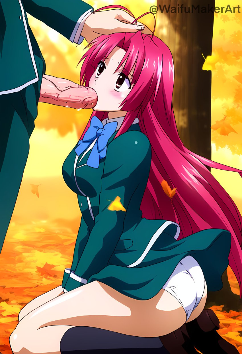 1boy 1boy1girl 1girl1boy 1girls ai_generated assisted_fellatio autumn blowjob blue_hair cock fellatio female hand_on_head hi_res high_resolution highres huge_cock kannagi_ayano kaze_no_stigma outdoors outside panties penis saliva saliva_drip school_uniform schoolgirl short_hair skirt skirt_lift waifumakerart white_panties