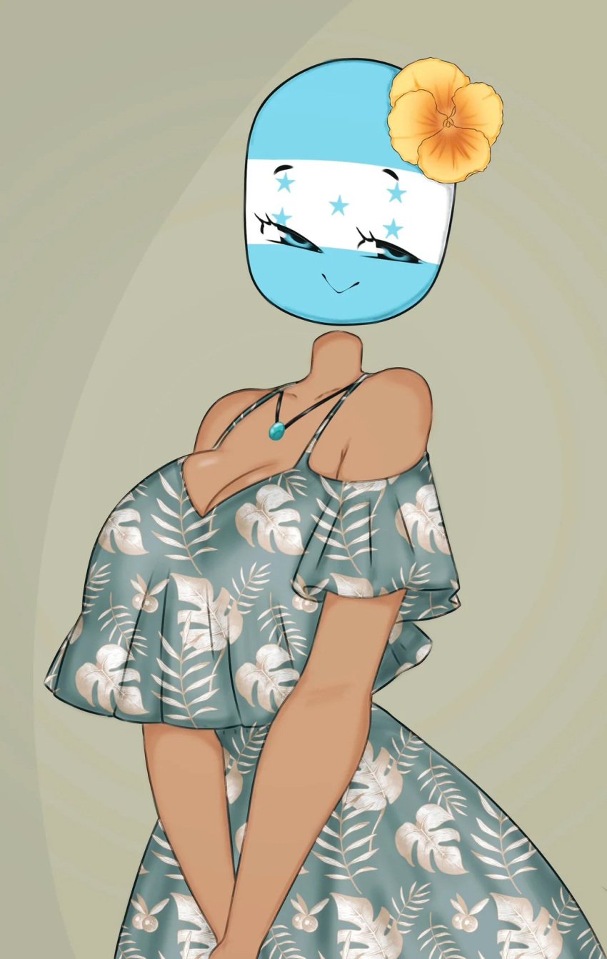 1girls big_breasts countryhumans countryhumans_girl crossed_arms flawsy flower_in_hair grey_dress honduras_(countryhumans) latina necklace suggestive_look