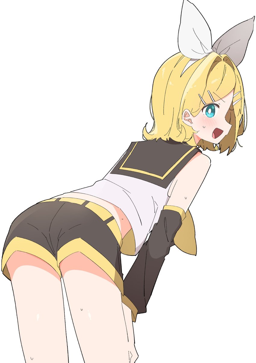 ass bending_forward bending_over blonde embarrassed kagamine_rin looking_at_viewer looking_back midriff shorts sweat thighs uruti_2388 vocaloid