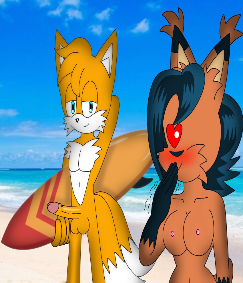 absurd_res anthro archie_comics athletic balls beach bedroom_eyes big_breasts black_hair blue_eyes blush breasts brown_body canid canine digital_creature digital_media_(artwork) duo erection felid feline female fox fur genitals green_eyes hair half-closed_eyes hand_behind_head heart_eyes heart_symbol hi_res humanoid humanoid_genitalia humanoid_penis lynx male male/female mammal multi_tail narrowed_eyes nicole_the_lynx nipples nude penis seductive sega shaking smile sonic_(series) sonic_the_hedgehog_(archie) sonic_the_hedgehog_(comics) sonic_the_hedgehog_(series) tail tails weebmochi69 yaboiskywardmochi1998