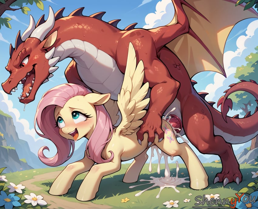 ai_generated cum dragon feral_dragon feral_on_female feral_on_feral fluttershy_(mlp) friendship_is_magic happy_sex moaning_in_pleasure my_little_pony outside_sex sex_from_behind shennyyou zoophilia