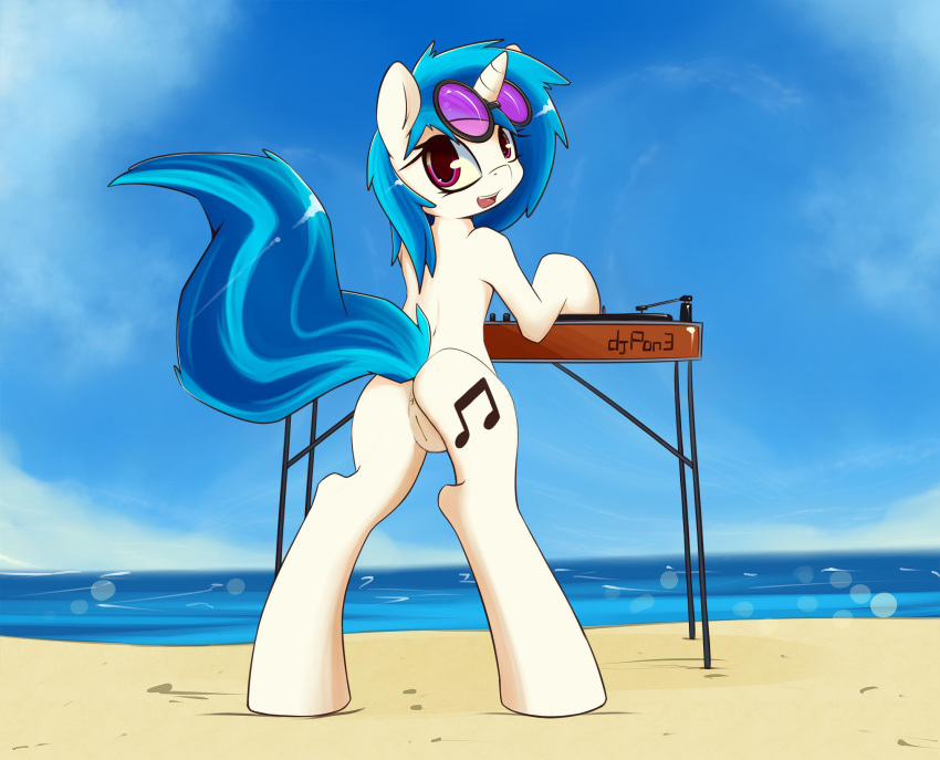 anus beach dj_pon-3_(mlp) edit equine eyewear friendship_is_magic glasses horn my_little_pony purple_eyes pussy seaside smitty_g unicorn vinyl_scratch_(mlp)