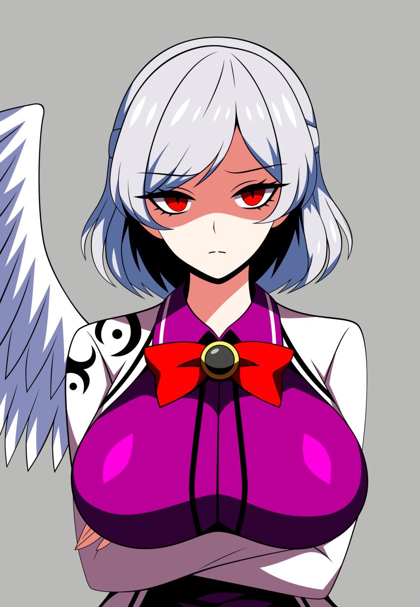 1girls 2d arms_crossed arms_crossed_under_breasts arms_under_breasts big_breasts breasts breasts_bigger_than_head closed_mouth clothed clothed_female female grey_background jacket looking_at_viewer neck_ribbon red_eyes sagume_kishin shadowed_eyes short short_hair silver_hair solo source ssaf ssaf52913778 ssaf_seibeupail standing touhou unamused wing