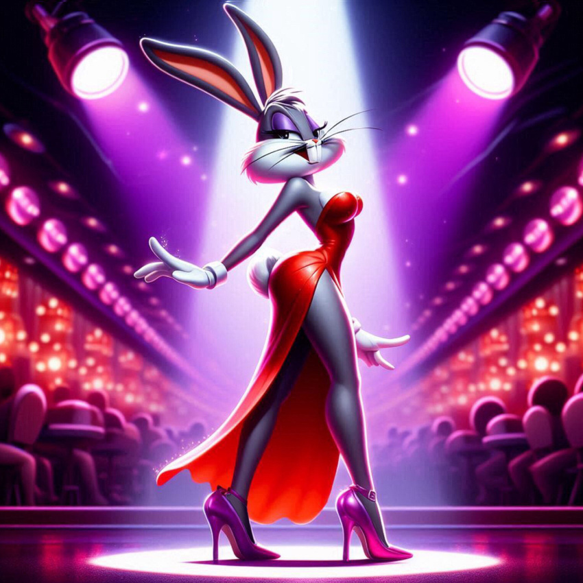 1girls after_transformation ai_generated anthro bedroom_eyes bugs_bunny cocktail_dress female genderswap_(mtf) high_heels jessica_rabbit lagomorph looking_at_viewer looney_tunes nightclub rabbit rule_63 tagme warner_brothers