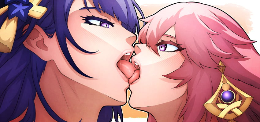 2d 2girls acraeaaconite blush close_up duo female genshin_impact hair_accessory kissing lesbian_kiss looking_at_partner open_mouth pink_hair purple_eyes purple_hair raiden_shogun saliva side_view source tongue tongue_kiss yae_miko yuri