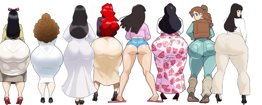 6+girls asian ass_dough ass_to_ass bottom_heavy caked_up curvy_hips family fat_ass female_only girl_scout group_picture hip_dips housewives lined_up lineup milf mother_and_daughter multiple_girls plump_ass posing wide_image widescreen