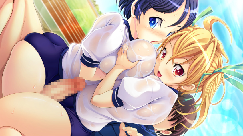 16:9 2girls black_hair blonde_hair blue_eyes blue_hair blush breast_grab breasts buruburu buruma censored cloud erection game_cg group_sex gym_uniform huge_breasts looking_at_viewer lying multiple_girls open_mouth orange_eyes penis sex short_hair sitting sitting_on_person sky smile sunlight sweat threesome tied_hair track track_and_field twintails underwear wet