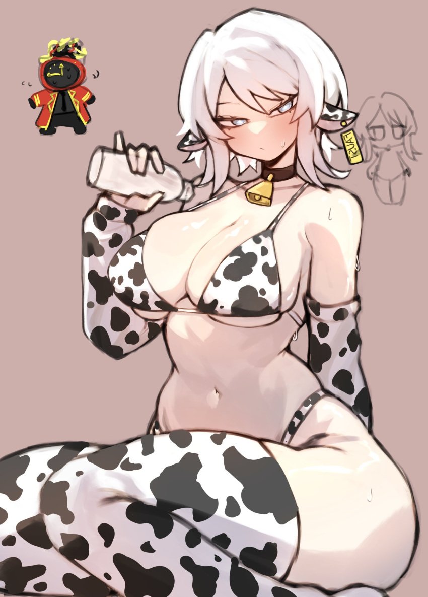 1boy 1girls ass bell big_breasts blue_eyes blush bottle choker cow_ears cow_print dante_(limbus_company) faust_(limbus_company) limbus_company looking_at_viewer partially_clothed presenting project_moon shigezie short_hair sweat thick_thighs white_hair