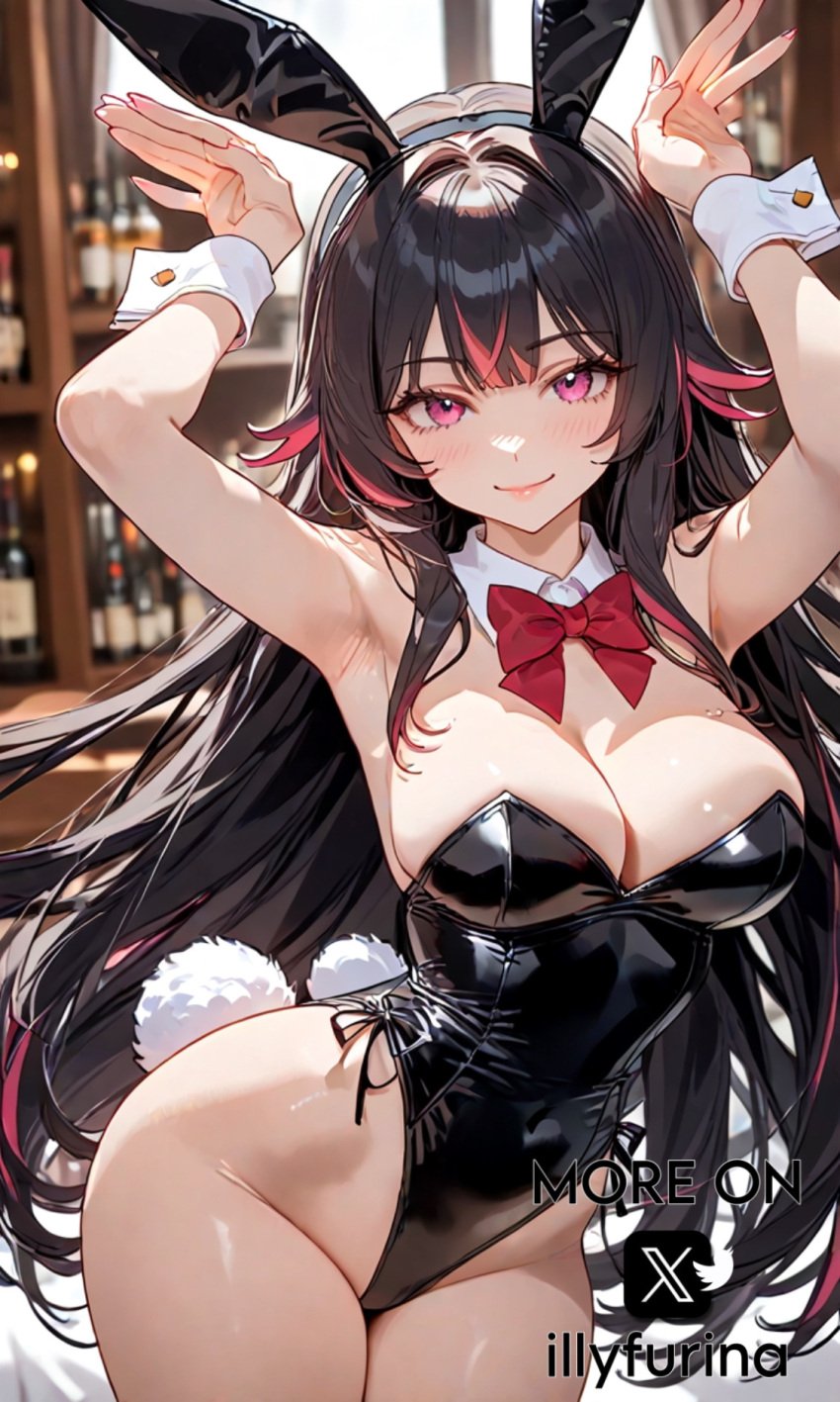 ai_generated arms_above_head arms_up ass ass_up big_ass big_breasts big_butt black_hair breasts bunny_costume bunny_ears bunny_girl bunny_tail bunnygirl bunnysuit chocker columbina_(genshin_impact) female female_only genshin_impact hands_above_head hands_up huge_boobs huge_breasts illyfurina latex_suit long_hair long_sleeves looking_at_viewer multicolored_hair pale-skinned_female pale_skin pink_eyes pink_hair playboy_bunny playboy_bunny_costume playboy_bunny_leotard playboy_outfit seducing seduction seductive seductive_body seductive_eyes seductive_gaze seductive_look seductive_mouth seductive_pose seductive_smile smile smiling smiling_at_viewer stable_diffusion waist watermark