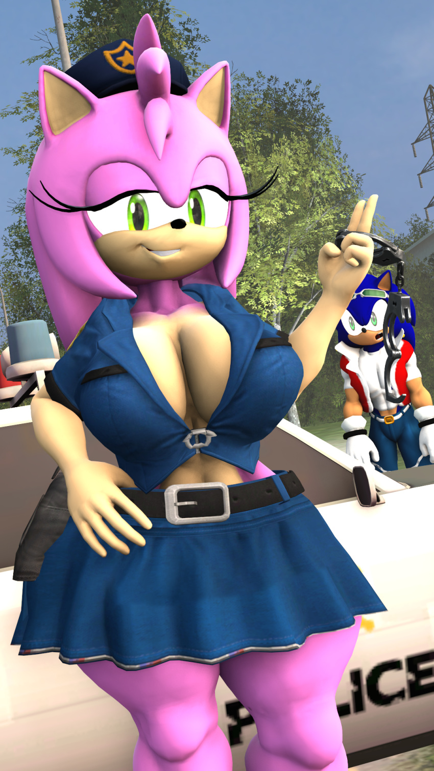 amy_rose big_breasts bluewyvern busty cop_uniform handcuffs police_uniform seductive_look skirt sonic_(series) sonic_the_hedgehog sonic_the_hedgehog_(series)