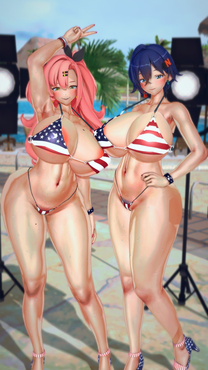 belle_(zenless_zone_zero) bikini blue_hair huge_breasts koikatsu nicole_demara pink_hair pussy_hair taf4mad zenless_zone_zero