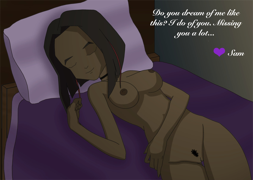 1girls boudoir closed_eyes code_lyoko dreaming female female_only laying_on_bed long_hair marinerman multicolored_hair odd_della_robbia posing pubic_hair samantha_knight solo