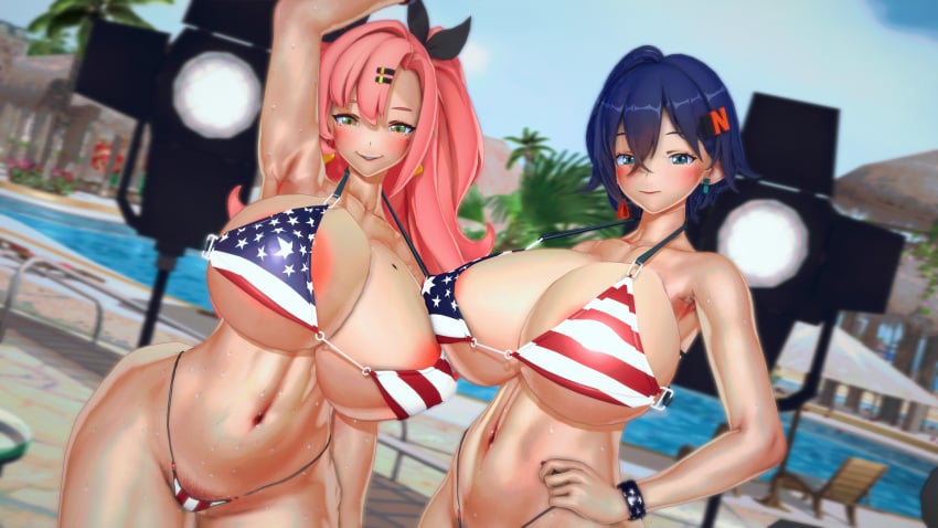 american_flag american_flag_bikini belle_(zenless_zone_zero) bikini blue_hair huge_breasts koikatsu lights nicole_demara pink_hair taf4mad thick_thighs zenless_zone_zero