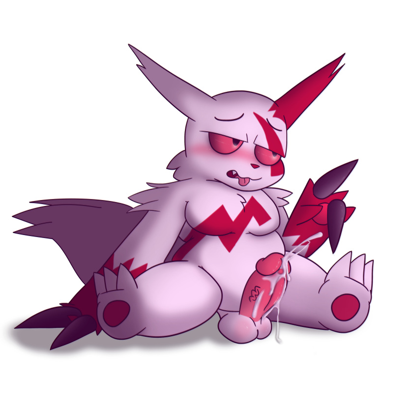 absurd_res alpha_channel anthro balls blush bodily_fluids cum cum_on_penis fuzefurry genital_fluids genitals hi_res humanoid_genitalia humanoid_penis male nintendo penis pokémon_(species) pokemon pokemon_(species) red_sclera simple_background sitting slightly_chubby solo tongue tongue_out transparent_background video_games zangoose