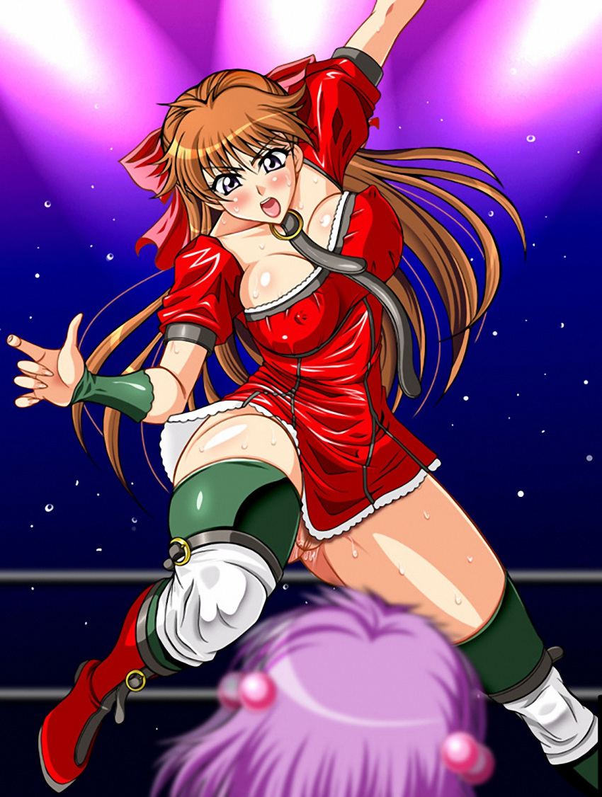 action blush bow breasts catfight clothing dress erect_nipples erect_nipples_under_clothes highres jumping motion_blur mutou_megumi no_panties pussy pussy_juice wrestle_angels wrestler yuuki_chigusa