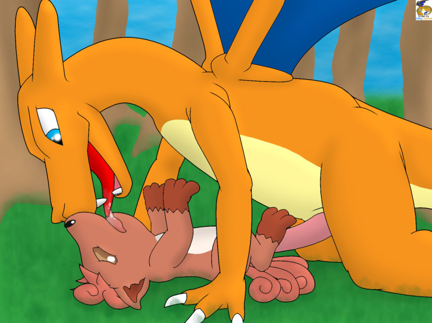 ambiguous_gender charizard eye_contact fur furry_tail kissing looking_at_another multiple_tails nintendo penetration penis pokemon pokemon_(species) saliva size_difference surfing_charizard tail video_games vulpix