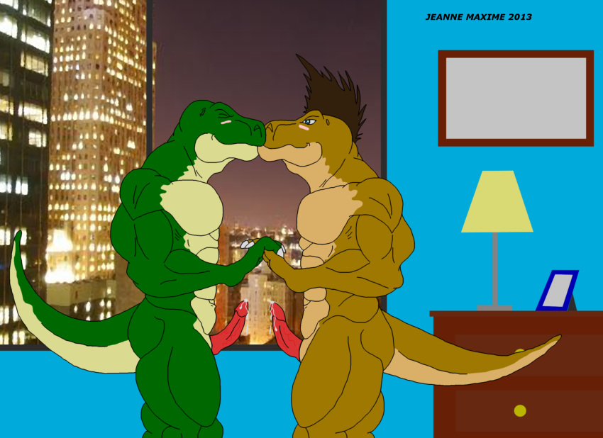 2013 abs anthro biceps brown_hair brown_skin cum dinosaur furry gay green_skin hair jonathan_alexander lizard male male_only maxime-jeanne muscles no_humans nude pecs penis precum reptile scales scalie thomas_carter tyrannosaurus_rex