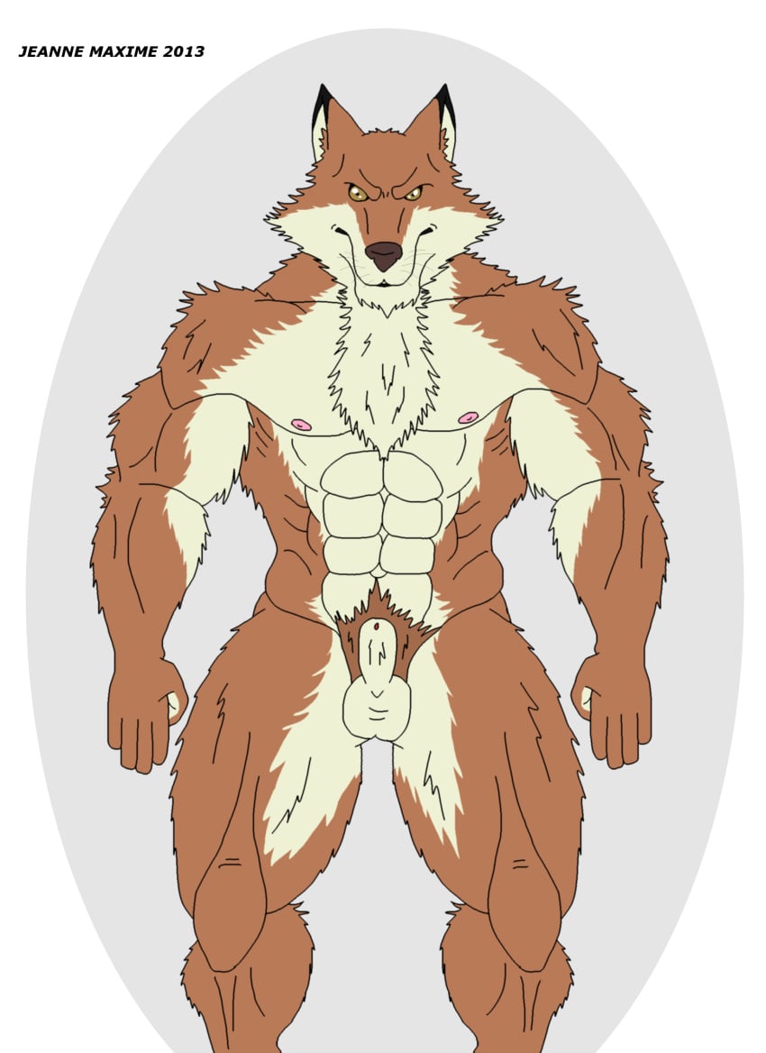 2013 abs anthro balls biceps bleach brown_fur canine fur fur_tan furry looking_at_viewer male male_only maxime-jeanne muscles nipples no_humans nude pecs pose sajin_komamura shinigami solo wolf yellow_eyes