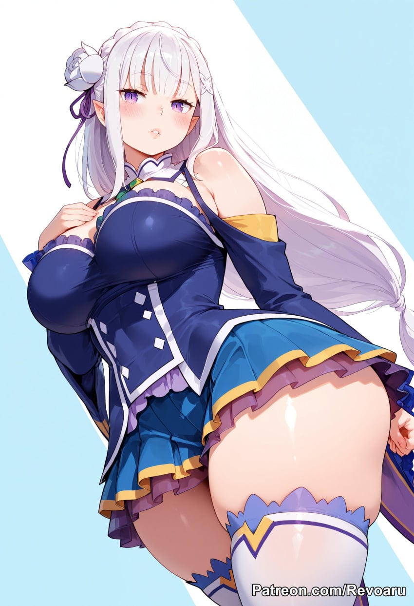 1girl ai_generated big_breasts emilia_(re:zero) female gray_hair huge_breasts mature_female re:zero_kara_hajimeru_isekai_seikatsu revoaru silver_hair thick_thighs thighs