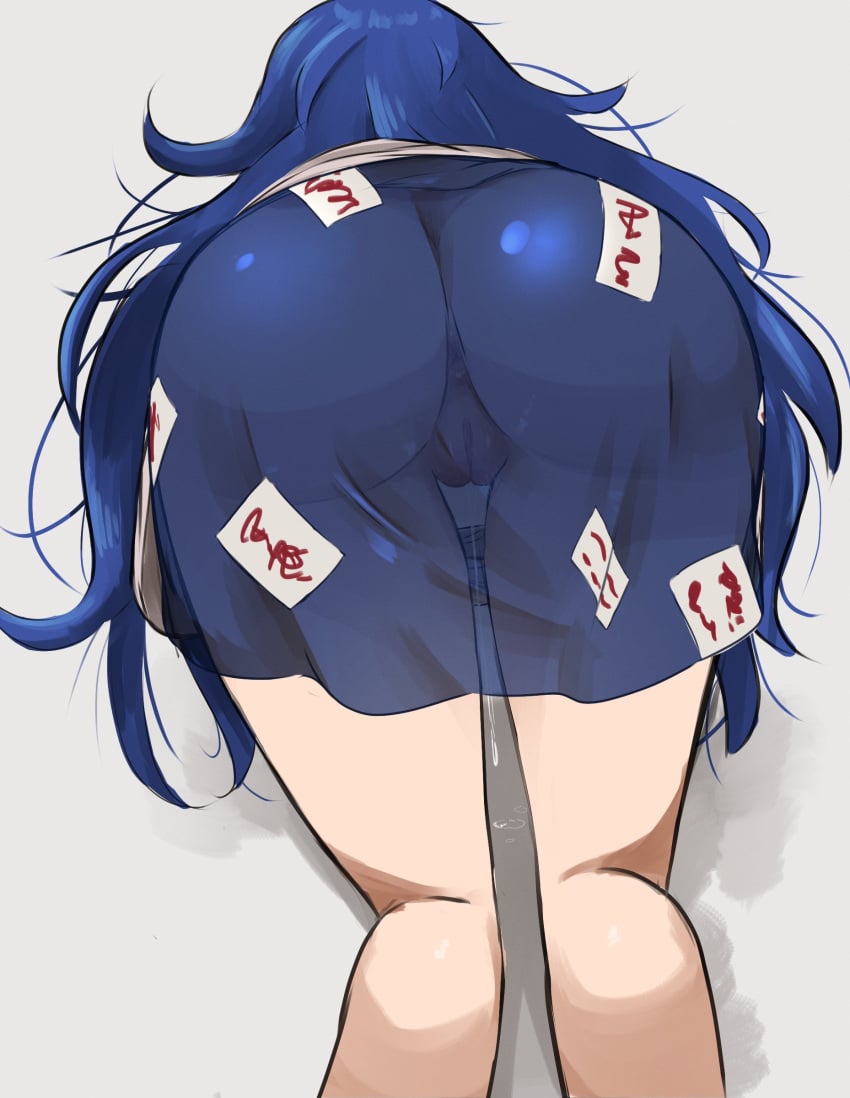 1girls alternate_version_available anus ass ass_focus big_ass blue_clothing blue_hair blue_skirt clothing cloudykeyz dripping dripping_pussy female female_only grey_clothing grey_shirt hi_res highres long_hair on_knees pussy pussy_visible_through_clothes see-through see-through_clothing shion_yorigami simple_background skirt solo thighs touhou vaginal white_background