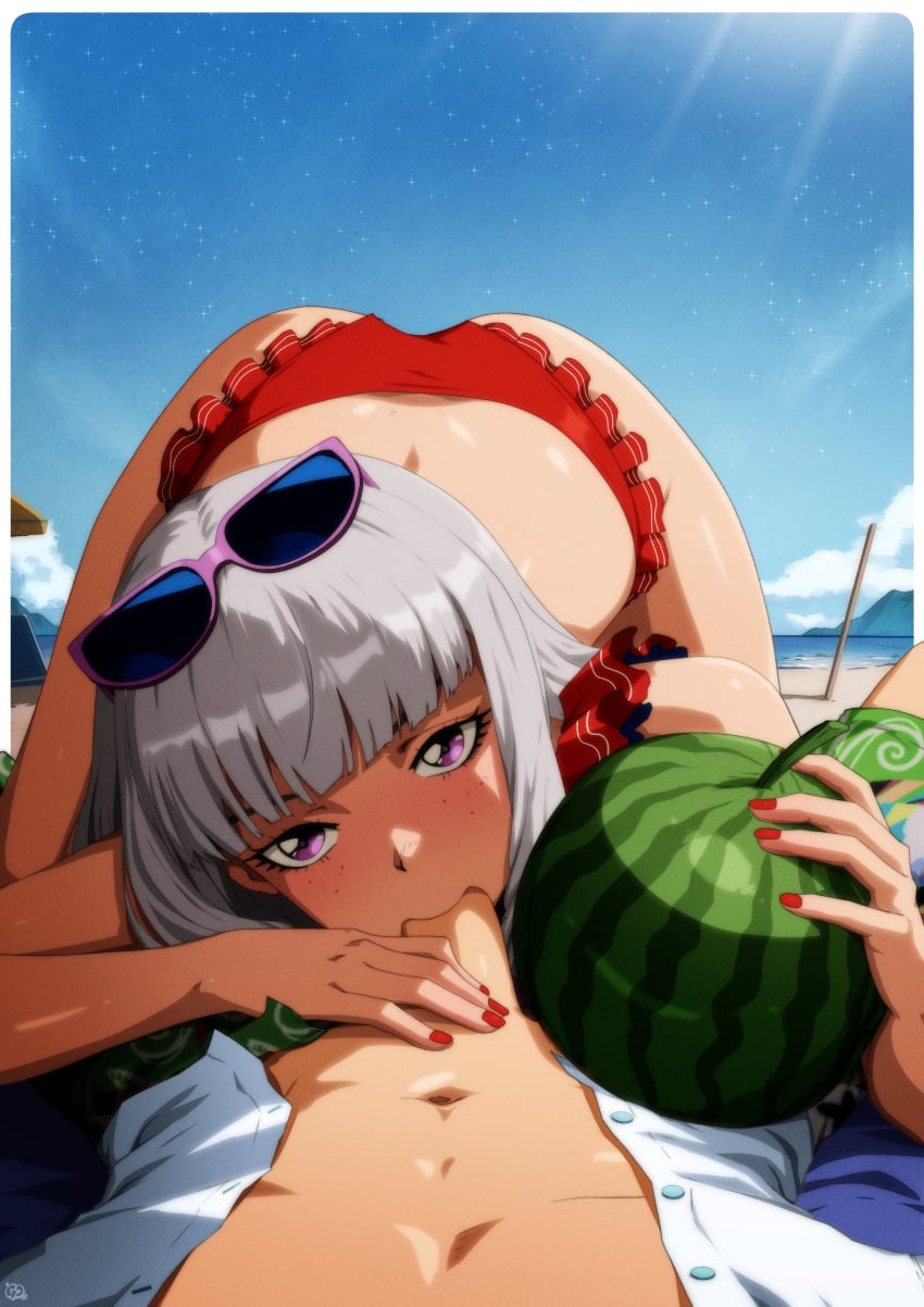 1boy 1girl absurdres agria_(midsummer_girl)_(tales) agria_(tales) artist_logo ass beach beach_umbrella bikini blue_sky blunt_bangs blush buttons cloud commission eyewear_on_head fellatio food freckles frilled_bikini frills fruit gravydood hetero highres holding holding_food holding_fruit horizon jude_mathis jude_mathis_(swimsuit) logo long_hair looking_at_viewer low-tied_sidelocks male_swimwear multicolored_male_swimwear nail_polish official_alternate_costume oral outdoors penis pov public_indecency purple-framed_eyewear purple_eyes red_bikini red_nails sand sex shirt sidelocks sky stick sunglasses swim_trunks swimsuit tales_of_(series) tales_of_asteria tales_of_the_rays tales_of_xillia top-down_bottom-up umbrella uncensored watermelon white_hair white_shirt