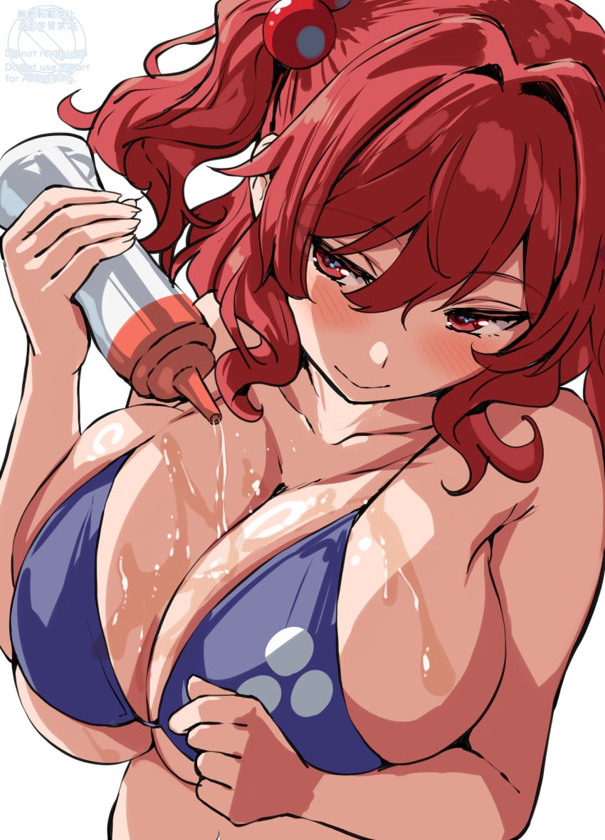 1girls belko big_breasts bikini blush blushing breasts_focus komachi_onozuka oiled oiled_breasts red_hair simple_background tagme touhou white_background