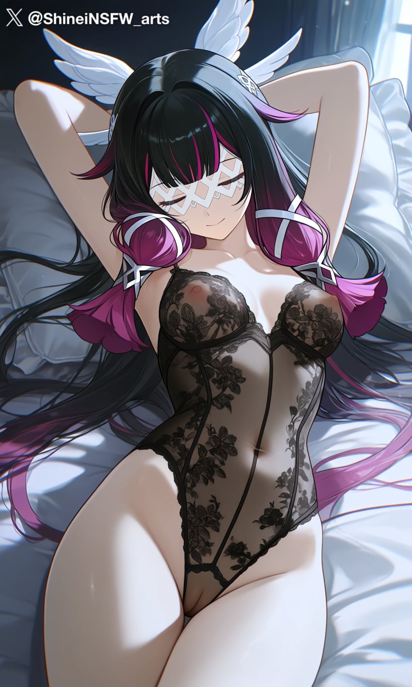 1girls ai_generated breasts columbina_(genshin_impact) genshin_impact lies nipples purple_hair pussy shineinsfw solo uncensored wet